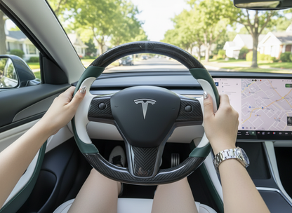 Green-White Tesla Model 3 Carbon Fiber Steering Wheel-Track Master(2017-2023.8) Axeco