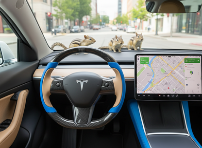 Bright blue and light brown Carbon Fiber Tesla Model Y Steering Wheel-Track Master(2020-2024) Axeco