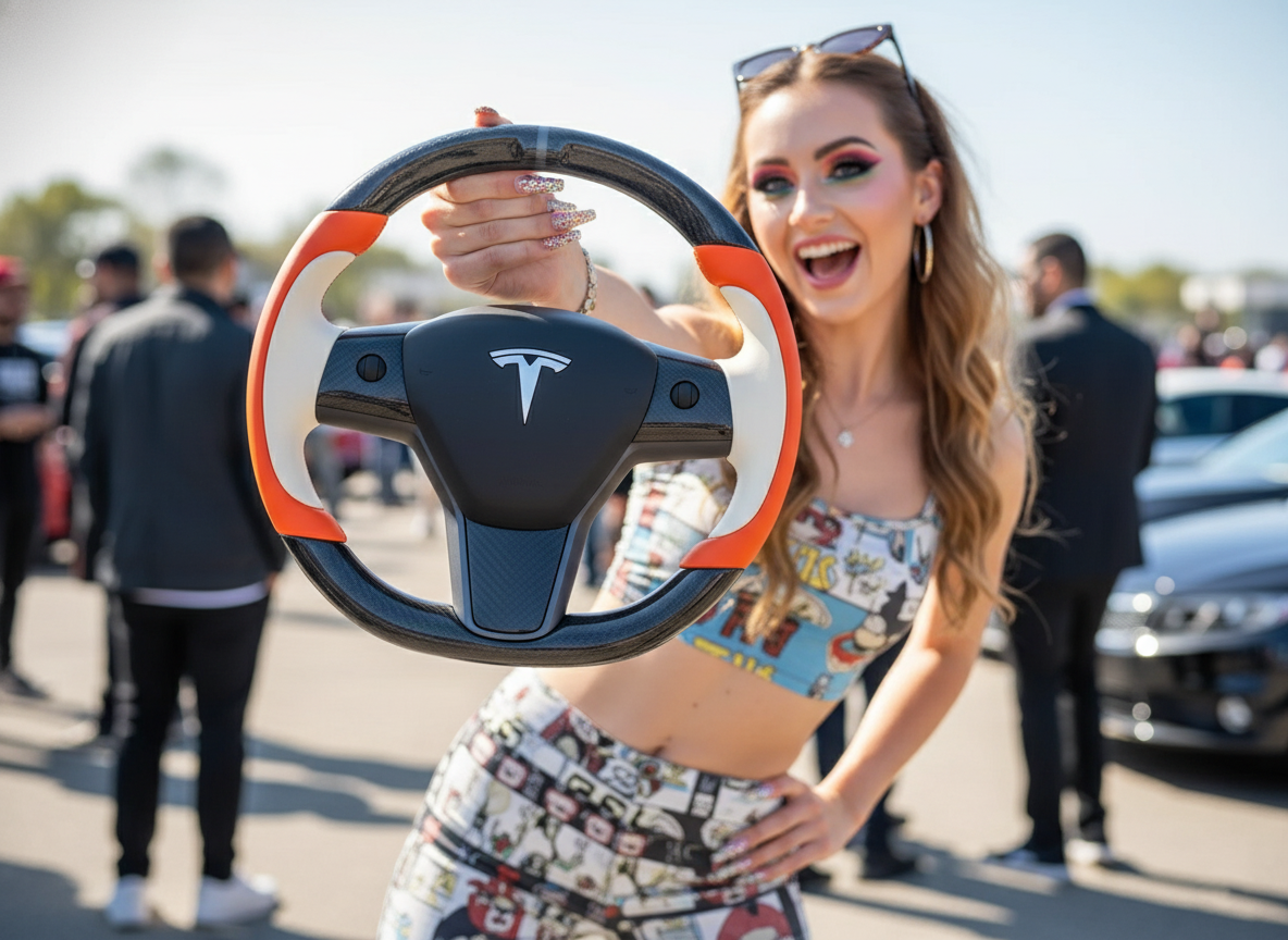 Bright orange and off-white Carbon Fiber Tesla model 3 Steering Wheel -Track Master(2023.9+) Axeco