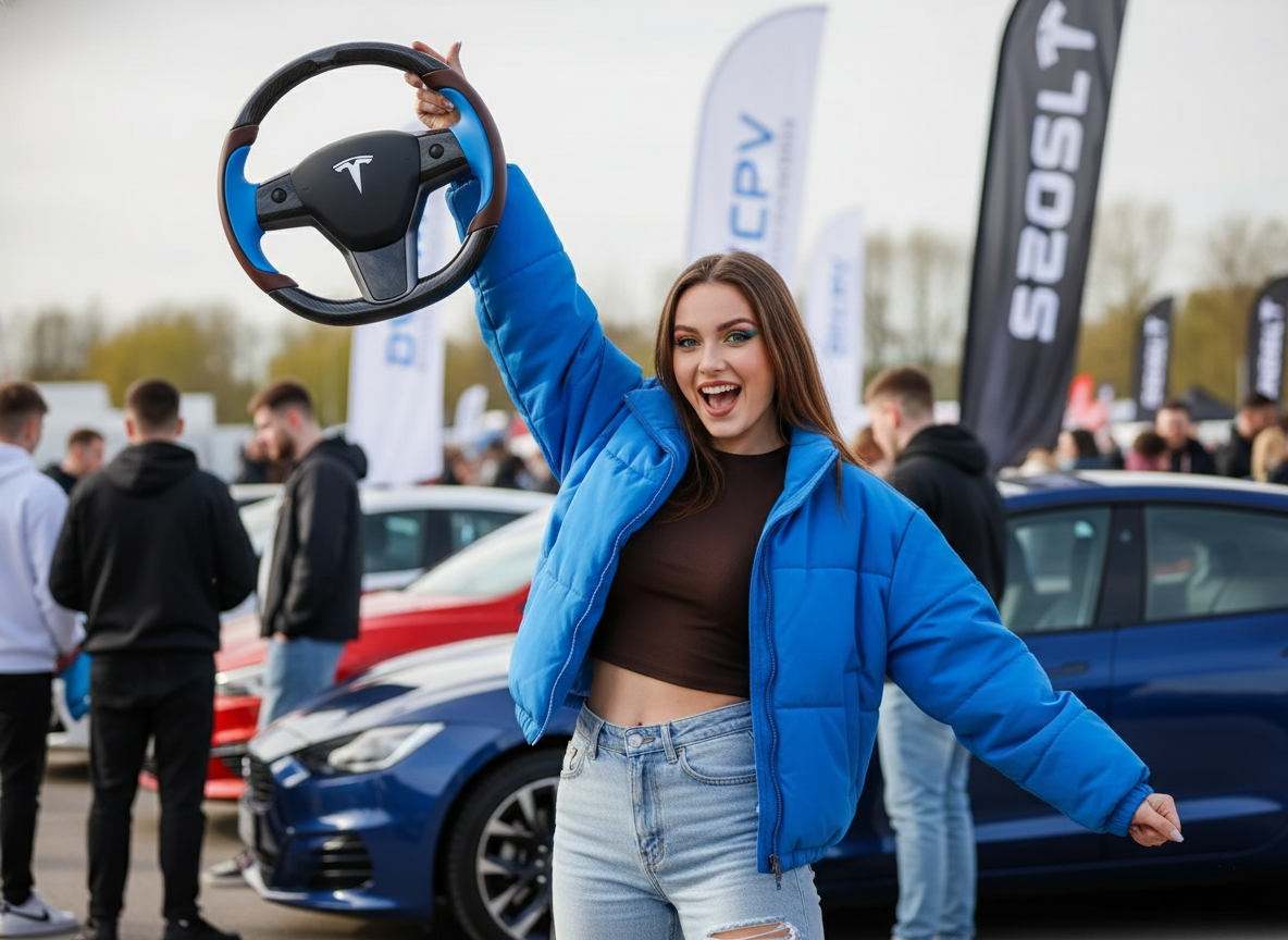 Dark brown and bright blue Carbon Fiber Tesla Model Y Steering Wheel-Track Master(2020-2024) Axeco