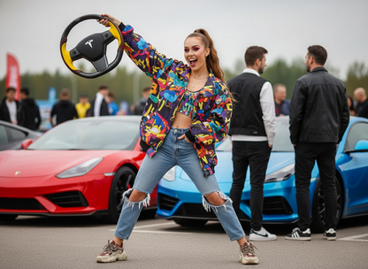 Yellow and brown Carbon Fiber Tesla Model Y Steering Wheel-Track Master(2020-2024) Axeco