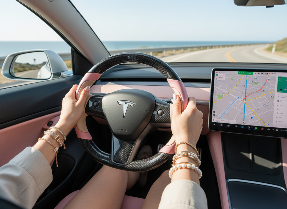 Soft pink and warm brown Carbon Fiber Tesla model 3 Steering Wheel -Track Master(2023.9+) Axeco