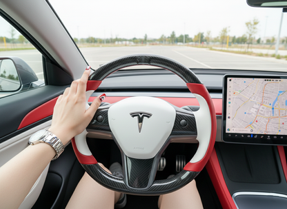 White and red Carbon Fiber Tesla Model 3 Steering Wheel-Track Master(2017-2023.8) Axeco