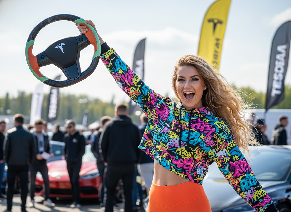 Bright orange and mint green Carbon Fiber Tesla Model Y Steering Wheel-Track Master(2020-2024) Axeco