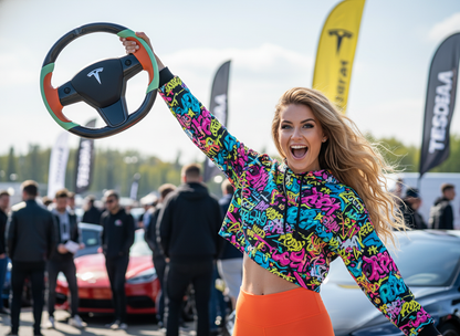 Bright orange and mint green Carbon Fiber Tesla Model Y Steering Wheel-Track Master(2020-2024) Axeco