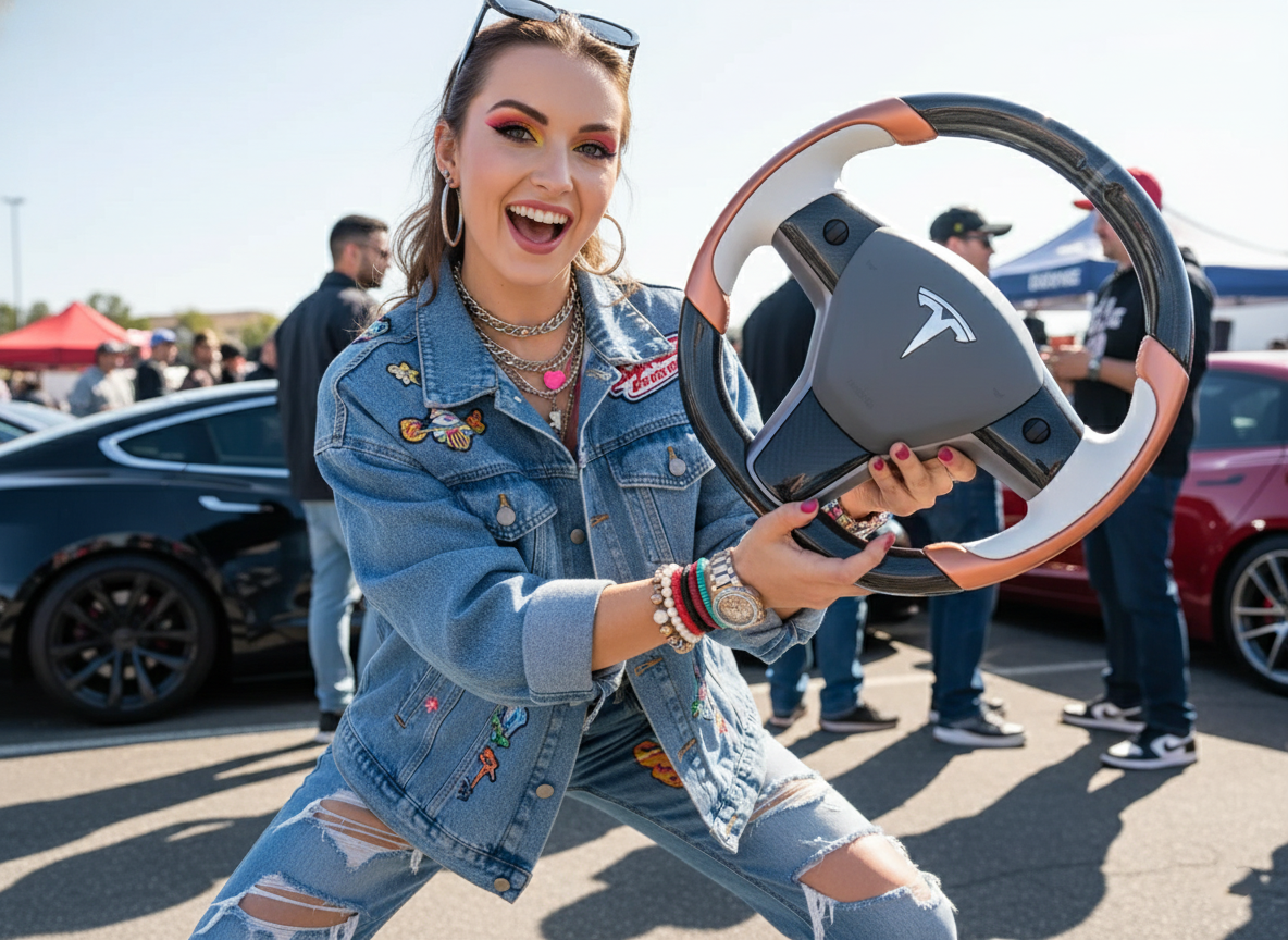 White-Golden Tesla Model 3 Carbon Fiber Steering Wheel-Track Master(2017-2023.8) Axeco