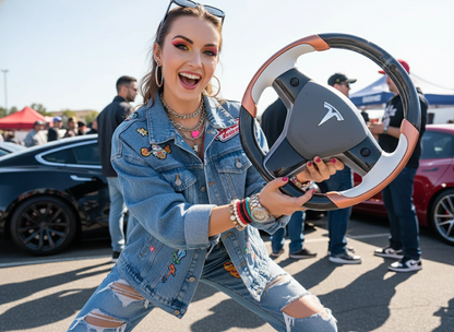 White-Golden Tesla Model 3 Carbon Fiber Steering Wheel-Track Master(2017-2023.8) Axeco