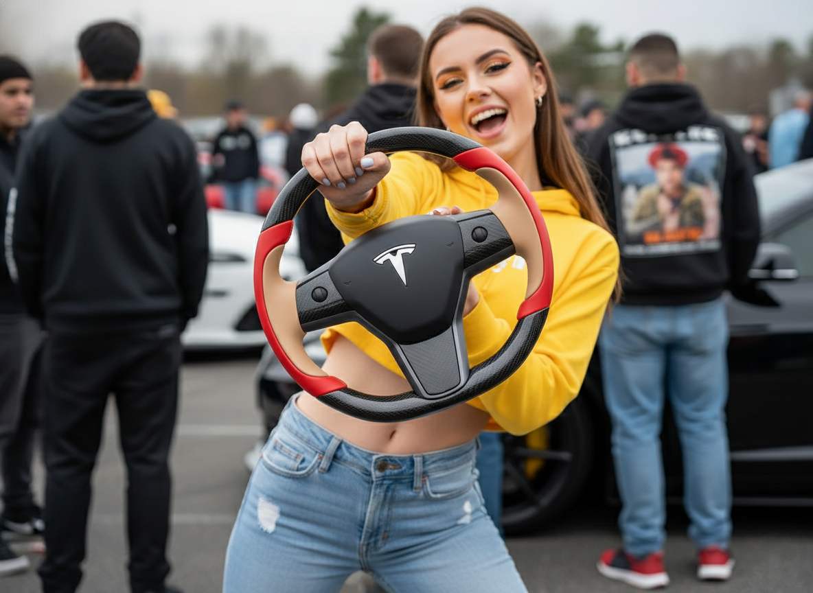 Bright red and warm brown Carbon Fiber Tesla Model Y Steering Wheel-Track Master(2020-2024) Axeco