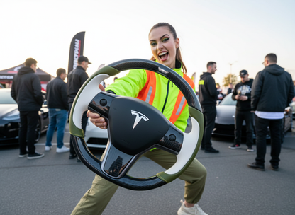 Olive green and white Carbon Fiber Tesla Model Y Steering Wheel-Track Master(2020-2024) Axeco