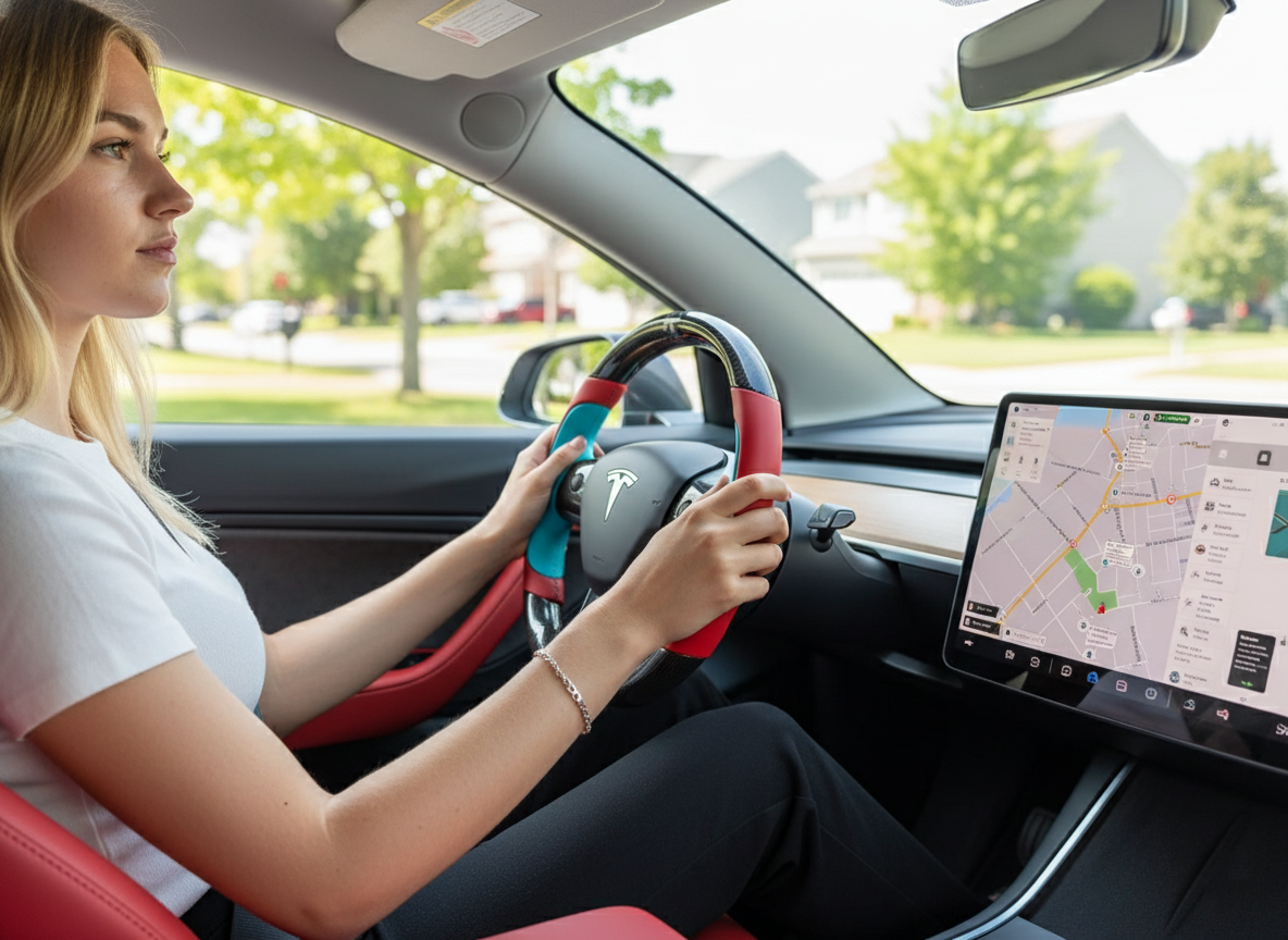 Bright red and lake blue Carbon Fiber Tesla model 3 Steering Wheel -Track Master(2023.9+) Axeco