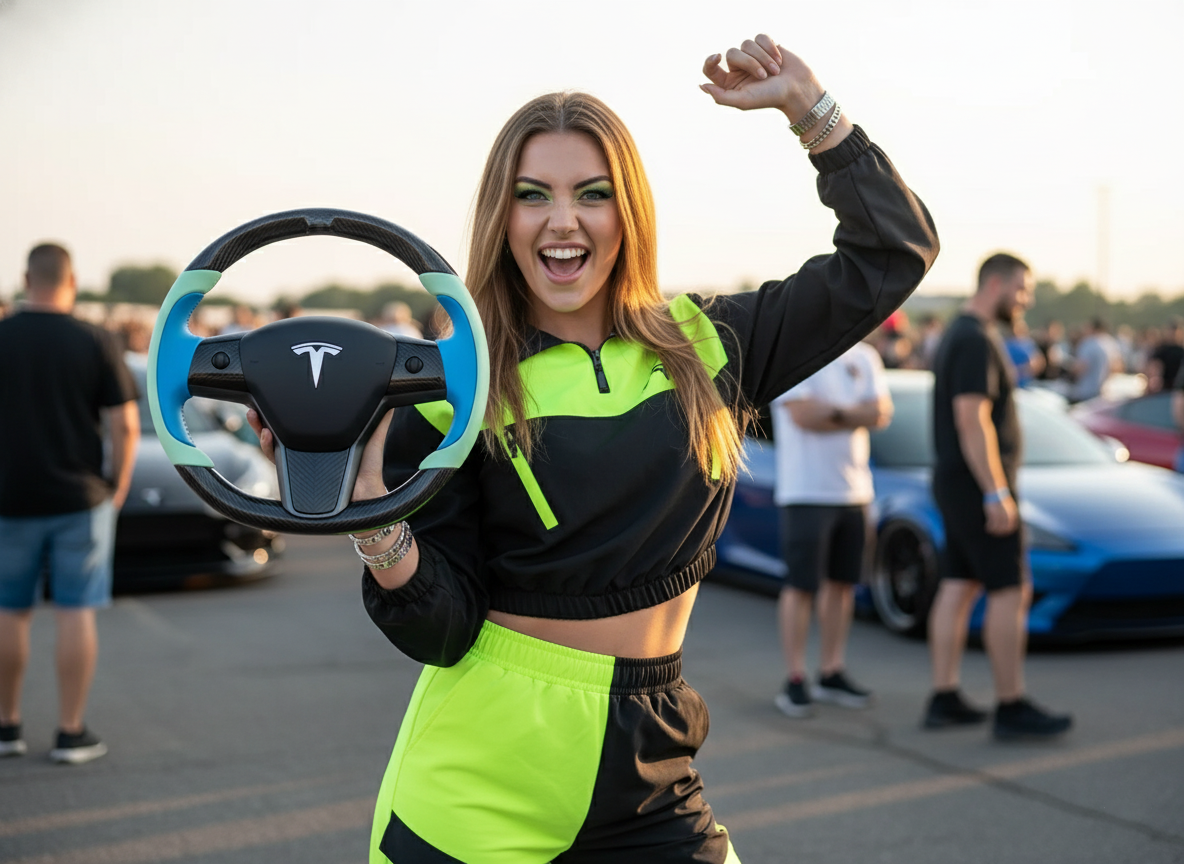 Light green and bright blue Carbon Fiber Tesla model 3 Steering Wheel -Track Master(2023.9+) Axeco