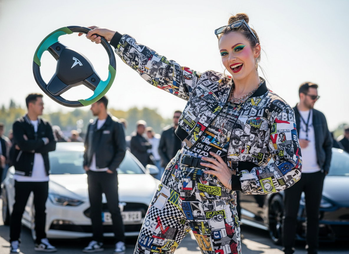 Green and light blue Carbon Fiber Tesla Model Y Steering Wheel-Track Master(2020-2024) Axeco