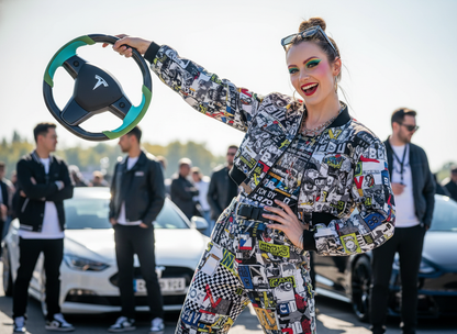 Green and light blue Carbon Fiber Tesla Model Y Steering Wheel-Track Master(2020-2024) Axeco