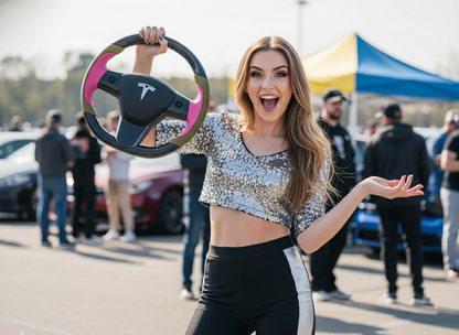 Pink and olive green Carbon Fiber Tesla Model Y Steering Wheel-Track Master(2020-2024) Axeco