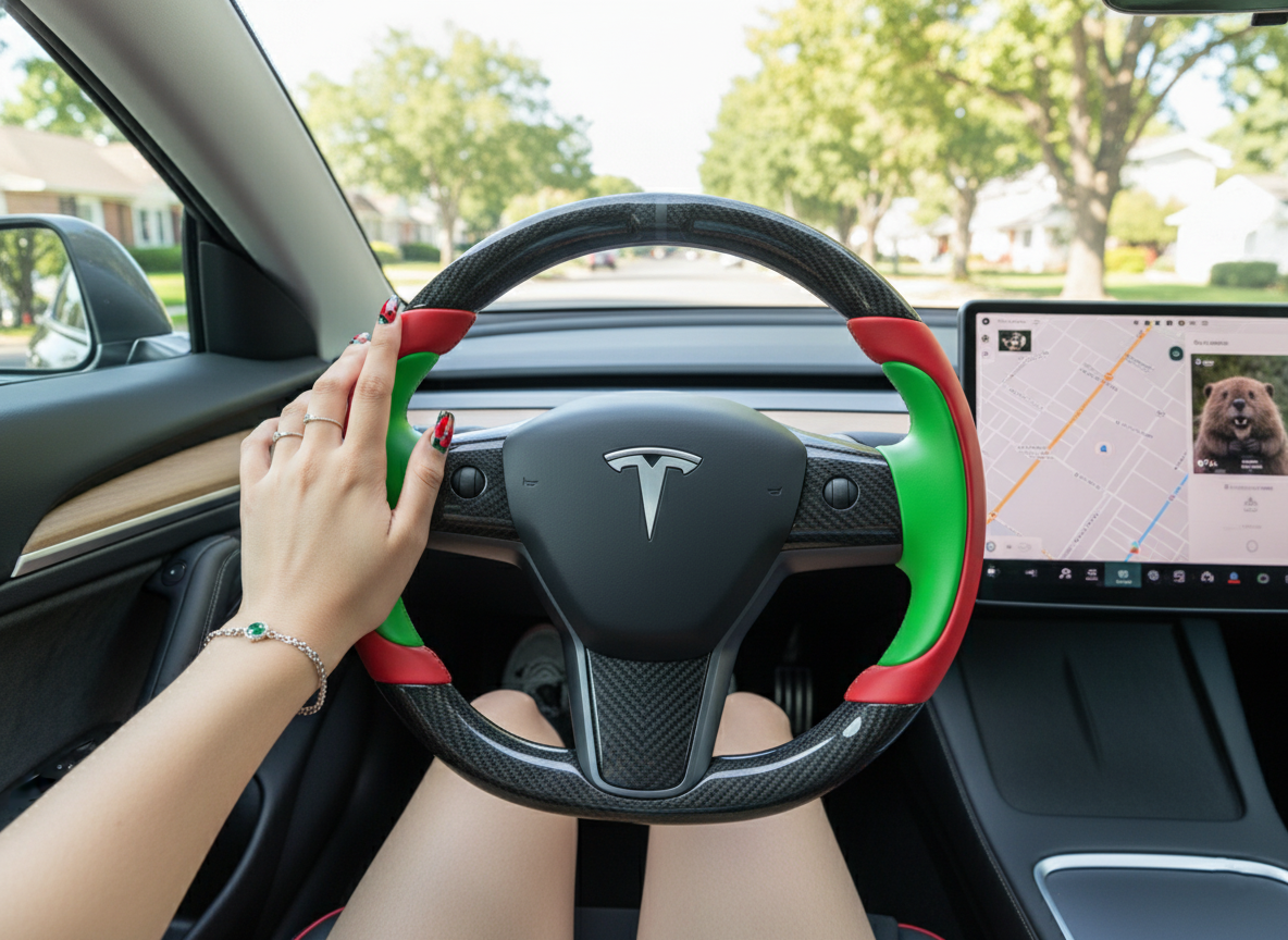 Bright red and emerald green Carbon Fiber Tesla model 3 Steering Wheel -Track Master(2023.9+) Axeco