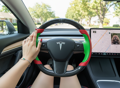 Bright red and emerald green Carbon Fiber Tesla model 3 Steering Wheel -Track Master(2023.9+) Axeco