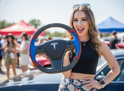 Wine red and blue Carbon Fiber Tesla Model Y Steering Wheel-Track Master(2020-2024) Axeco