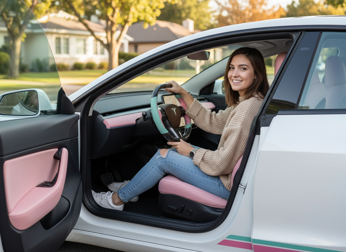 Pink-Light Green Carbon Fiber Tesla model 3 Steering Wheel -Track Master(2023.9+) Axeco