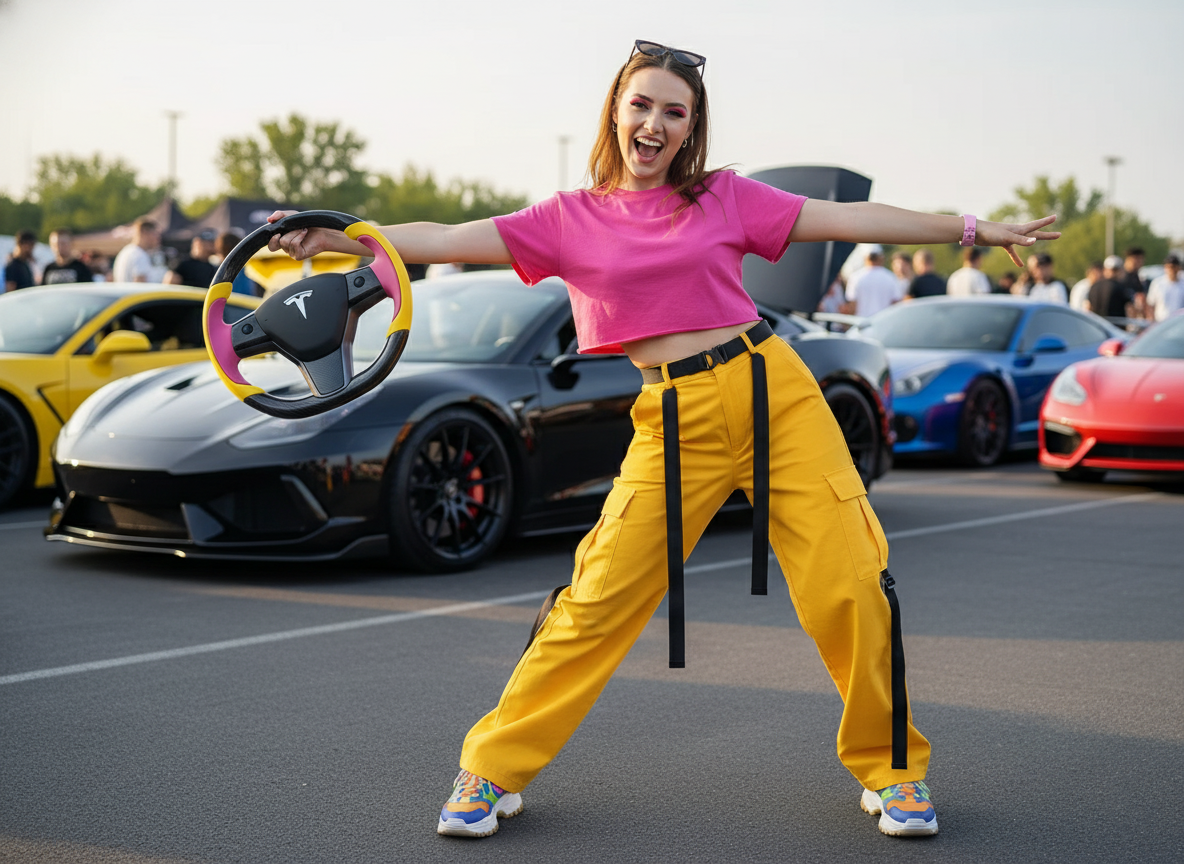 Yellow and pink Carbon Fiber Tesla Model Y Steering Wheel-Track Master(2020-2024) Axeco