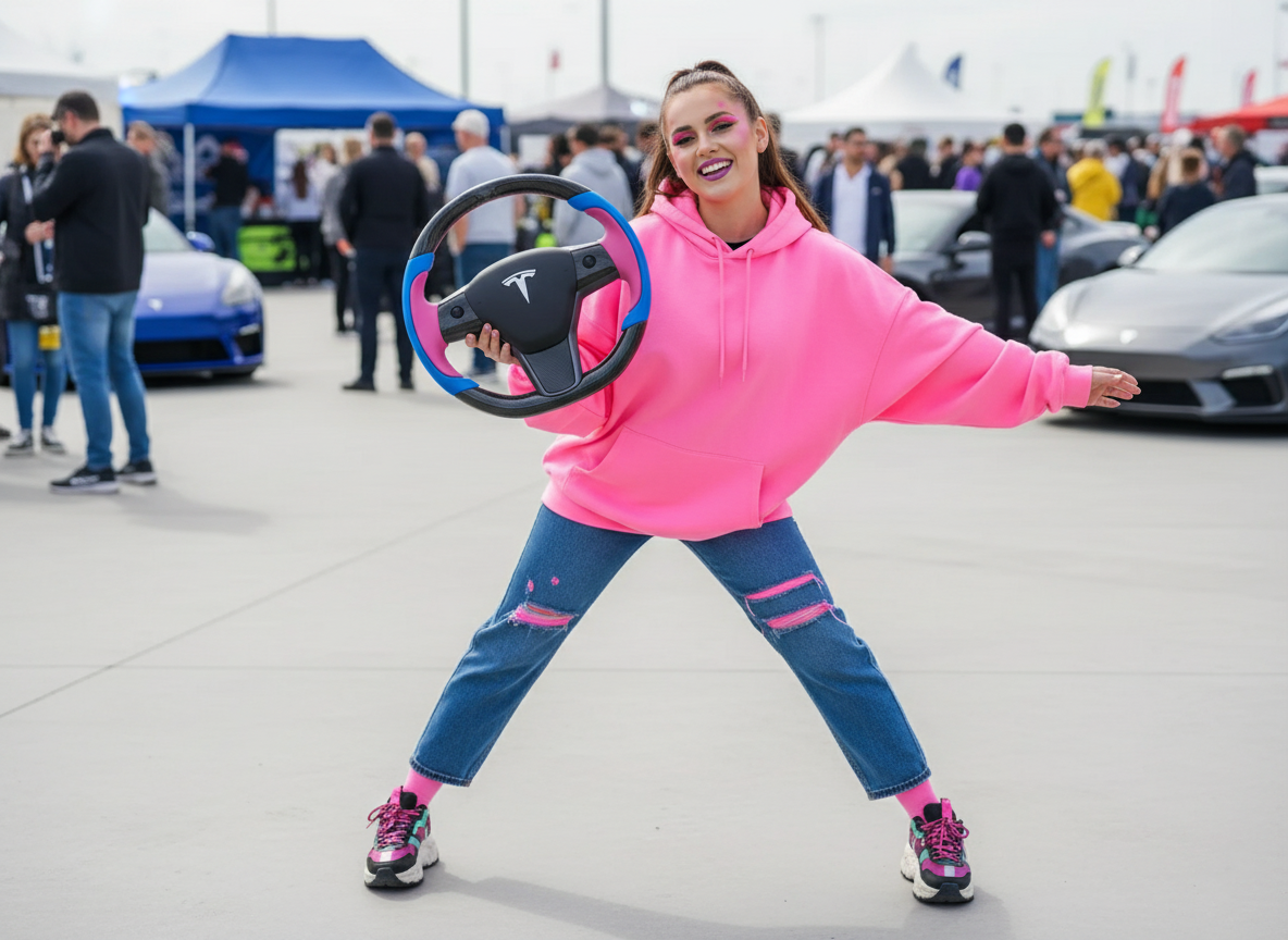 Bright blue and pink Carbon Fiber Tesla Model Y Steering Wheel-Track Master(2020-2024) Axeco