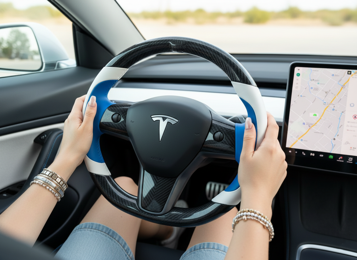 Bright blue and pure white Carbon Fiber Tesla model 3 Steering Wheel -Track Master(2023.9+) Axeco