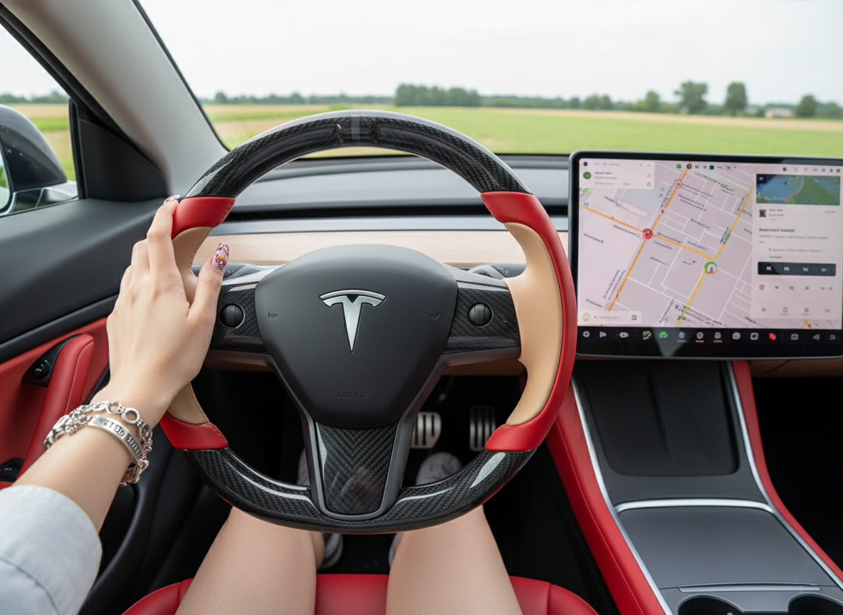 Bright red and warm brown Carbon Fiber Tesla model 3 Steering Wheel -Track Master(2023.9+) Axeco