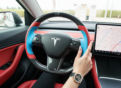 Red and bright blue Carbon Fiber Tesla Model Y Steering Wheel-Track Master(2020-2024) Axeco