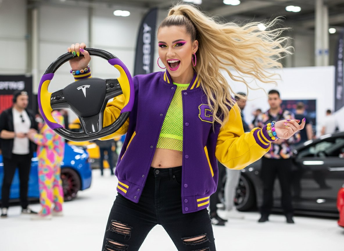 Purple and yellow Carbon Fiber Tesla model 3 Steering Wheel -Track Master(2023.9+) Axeco