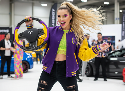 Purple and yellow Carbon Fiber Tesla model 3 Steering Wheel -Track Master(2023.9+) Axeco