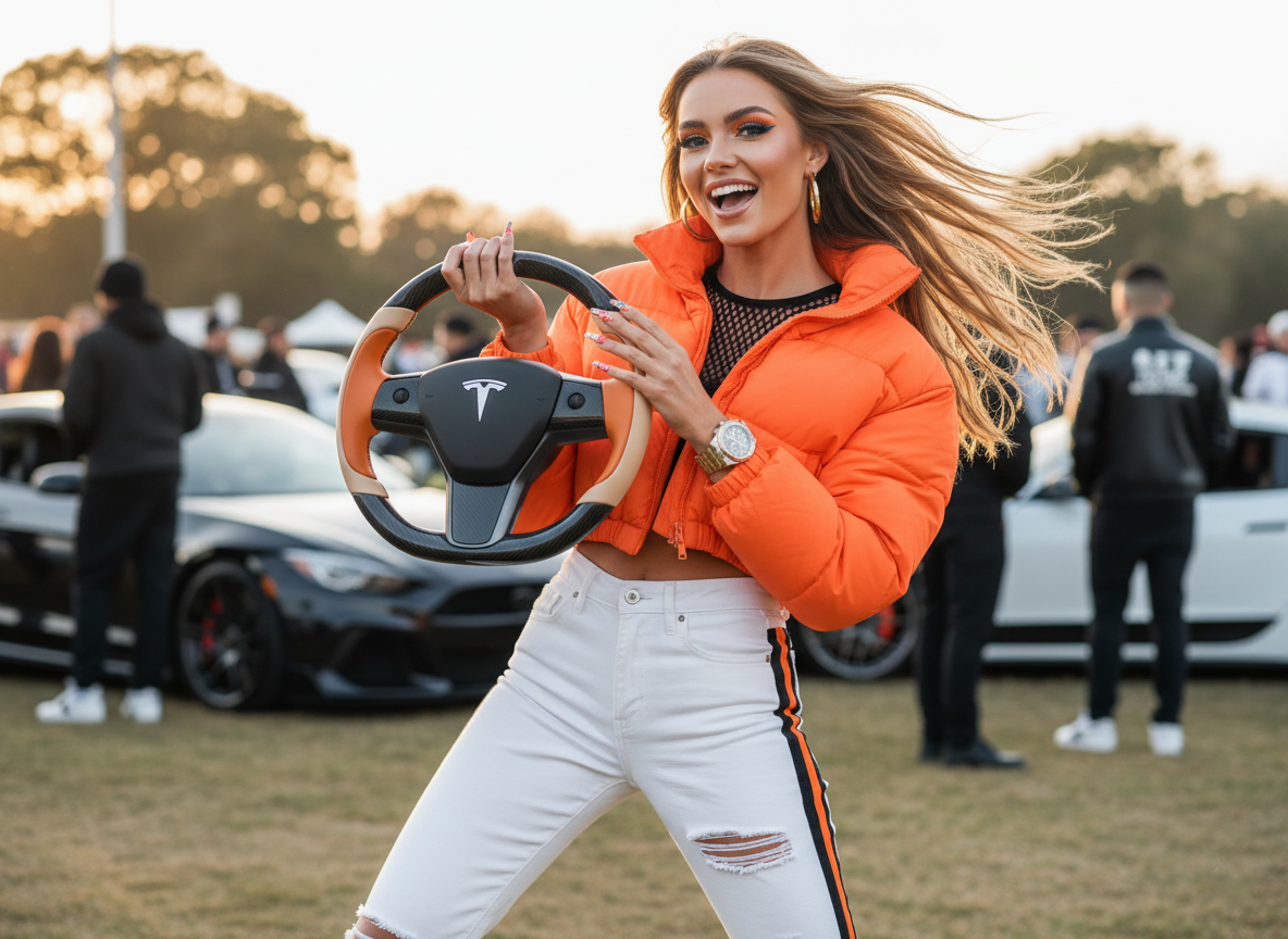 Orange-Light Beige Carbon Fiber Tesla model 3 Steering Wheel -Track Master(2023.9+) Axeco