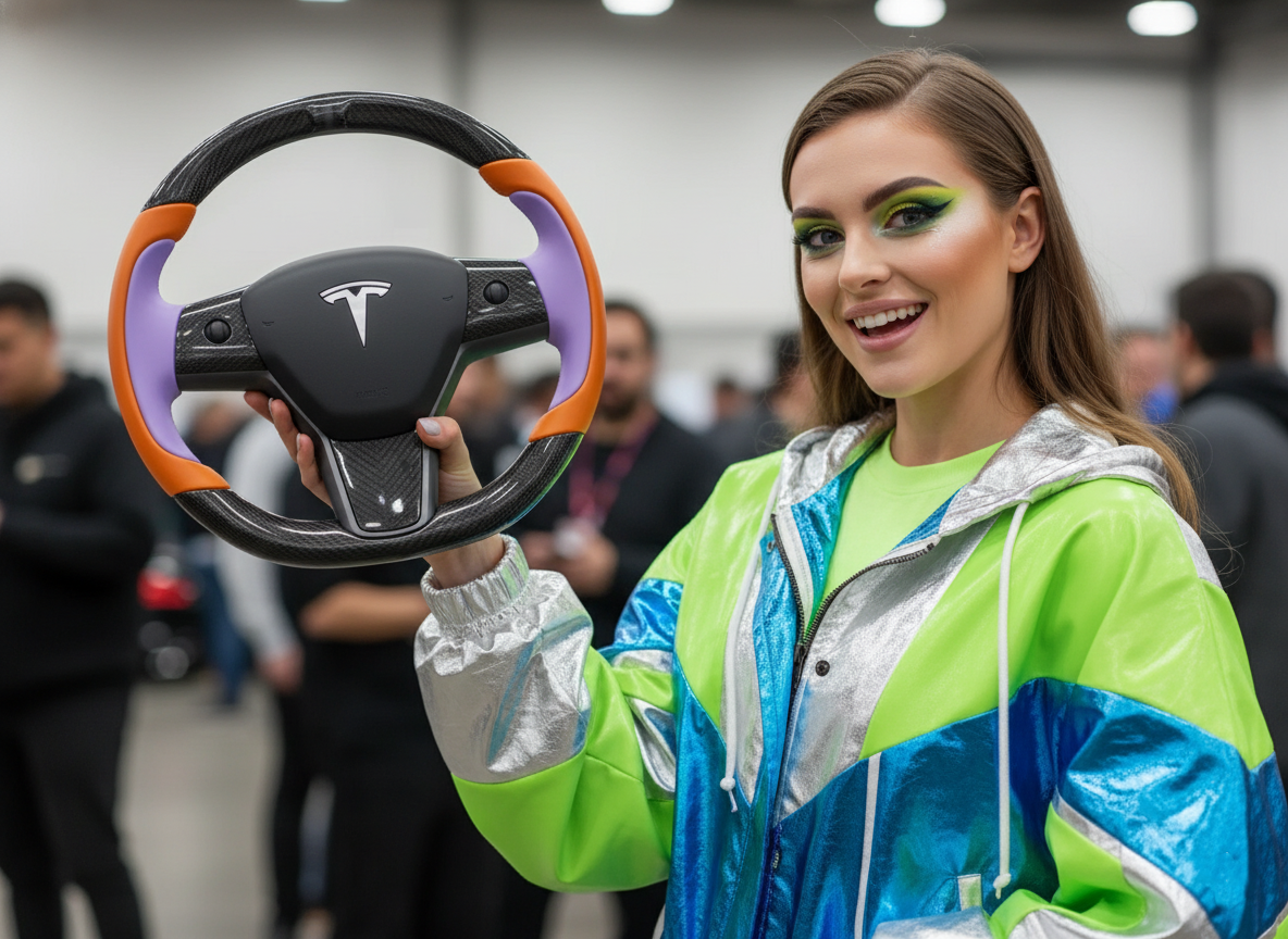 Bright orange and light purple Carbon Fiber Tesla Model Y Steering Wheel-Track Master(2020-2024) Axeco