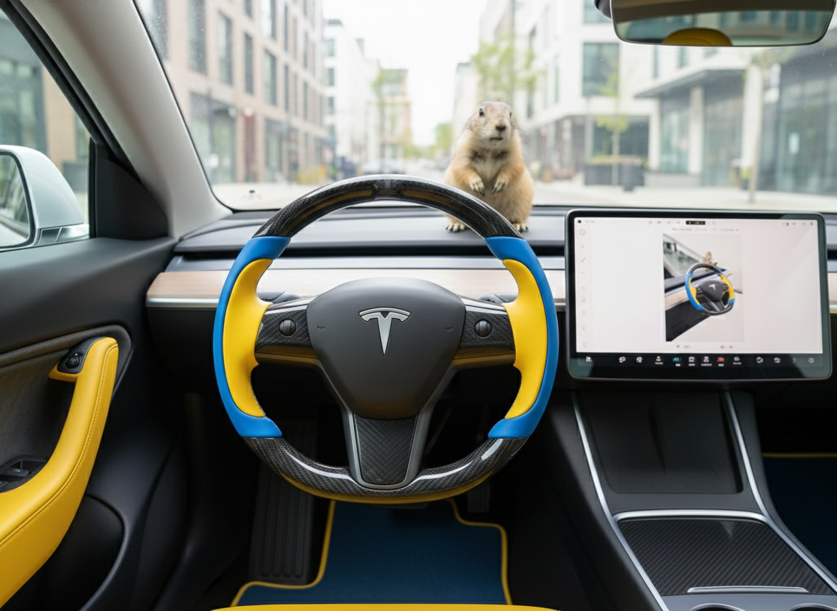 Bright blue and bright yellow Carbon Fiber Tesla Model Y Steering Wheel-Track Master(2020-2024) Axeco