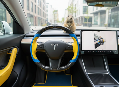 Bright blue and bright yellow Carbon Fiber Tesla Model Y Steering Wheel-Track Master(2020-2024) Axeco