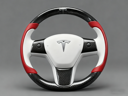 White and red Carbon Fiber Tesla Model 3 Steering Wheel-Track Master(2017-2023.8) Axeco