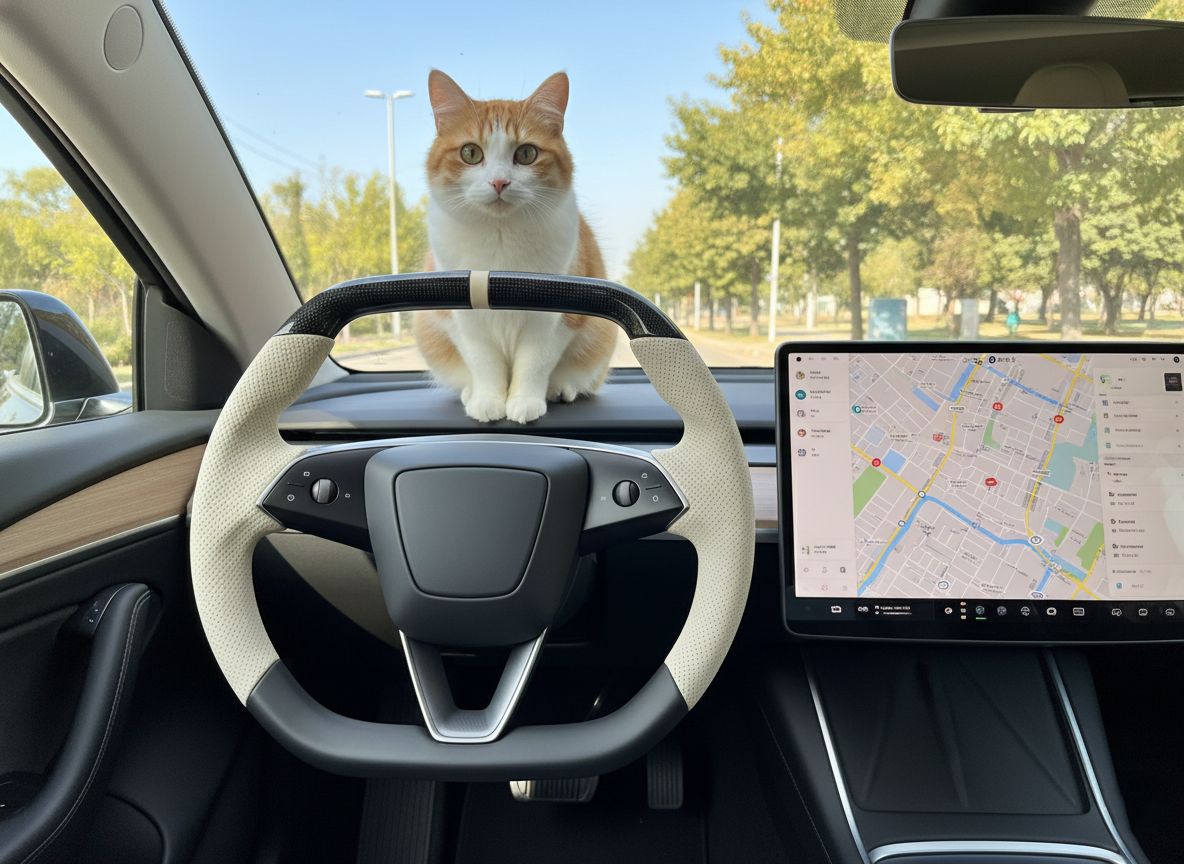 Milky white Leather Carbon Fiber Customize Tesla Model Y Juniper Steering Wheel - Super Enhancer (2025+) Axeco