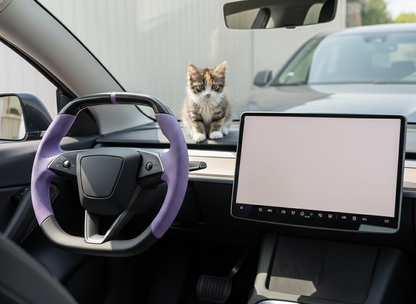 Light purple Leather Carbon Fiber Customize Tesla Model Y Juniper Steering Wheel - Super Enhancer (2025+) Axeco