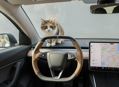 Brown Leather Carbon Fiber Customize Tesla Model Y Juniper Steering Wheel - Super Enhancer (2025+) Axeco