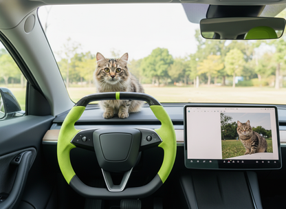 Fluorescent green Leather Carbon Fiber Customize Tesla Model Y Juniper Steering Wheel - Super Enhancer (2025+) Axeco