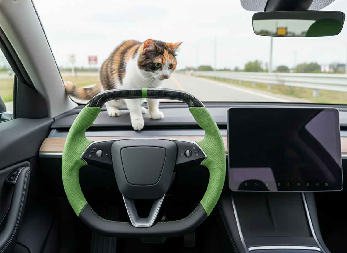 Forest Green Leather Carbon Fiber Customize Tesla Model Y Juniper Steering Wheel - Super Enhancer (2025+) Axeco