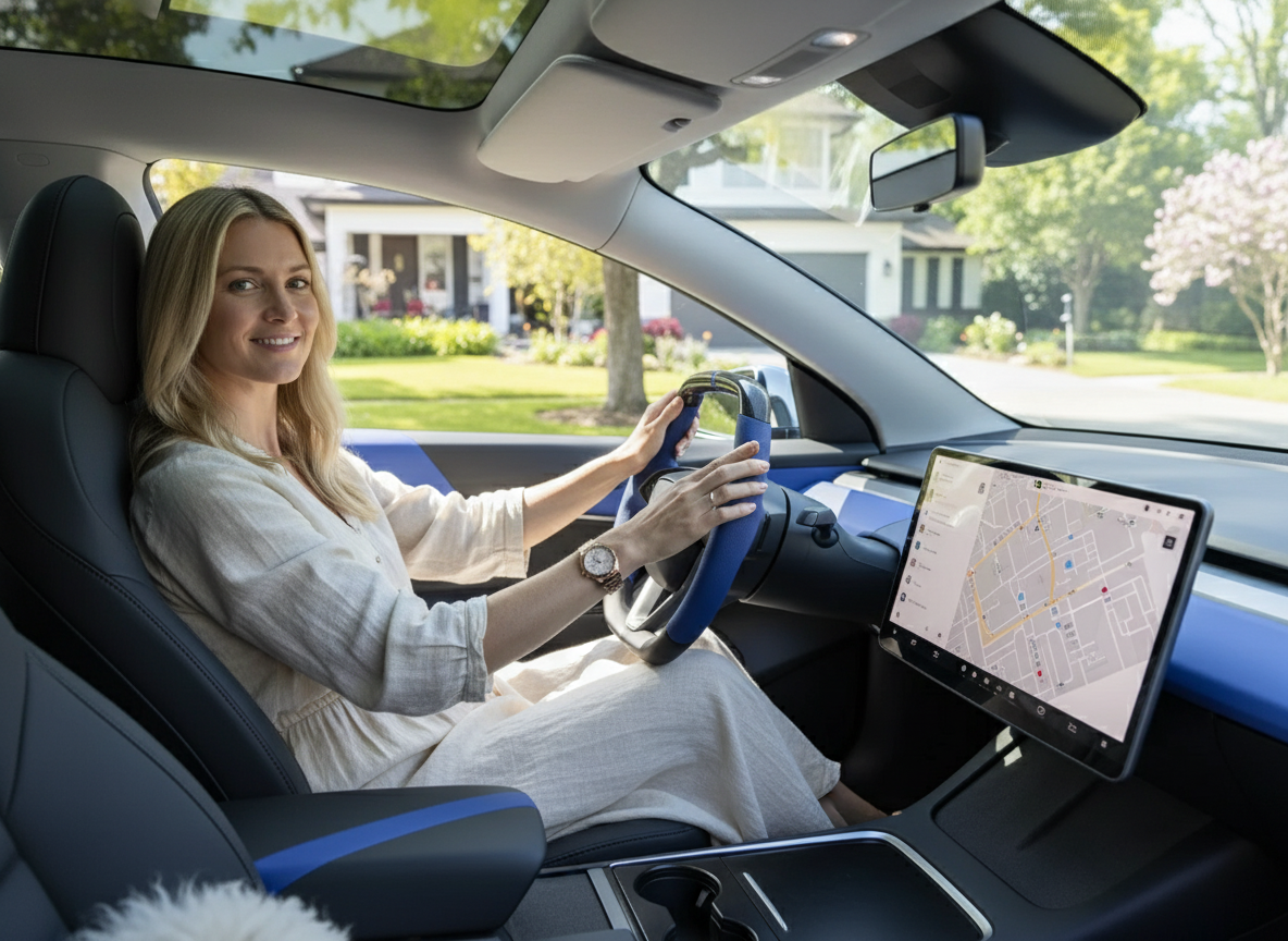 Navy blue Leather Carbon Fiber Customize Tesla Model Y Juniper Steering Wheel - Super Enhancer (2025+) Axeco