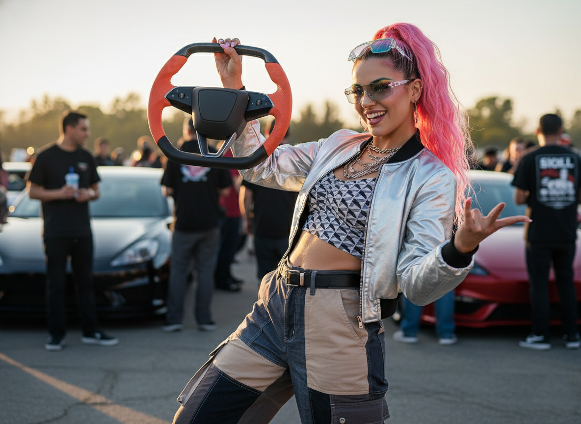 Warm orange Leather Carbon Fiber Customize Tesla Model Y Juniper Steering Wheel - Super Enhancer (2025+) Axeco