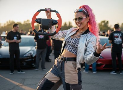 Warm orange Leather Carbon Fiber Customize Tesla Model Y Juniper Steering Wheel - Super Enhancer (2025+) Axeco