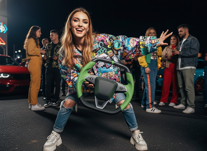 Green Leather Carbon Fiber Customize Tesla Model Y Juniper Steering Wheel - Super Enhancer (2025+) Axeco