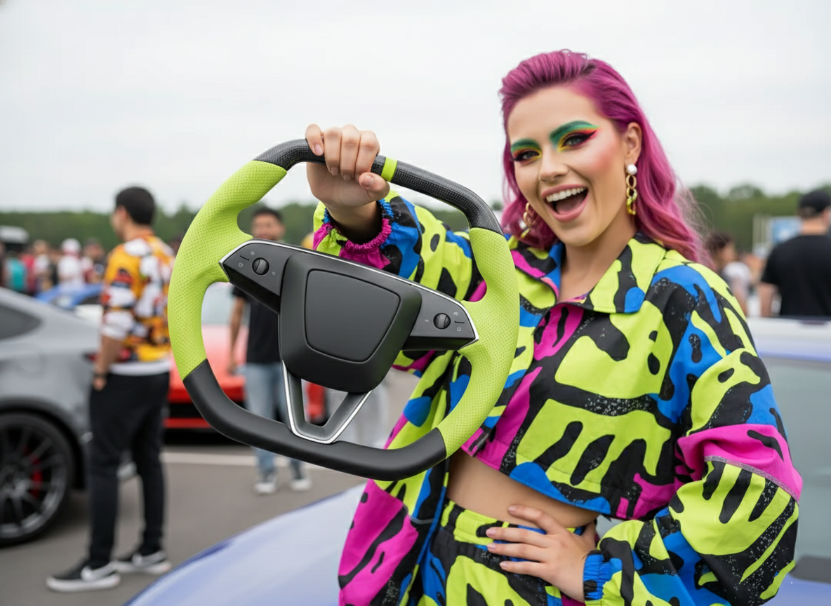 Fluorescent green Leather Carbon Fiber Customize Tesla Model Y Juniper Steering Wheel - Super Enhancer (2025+) Axeco