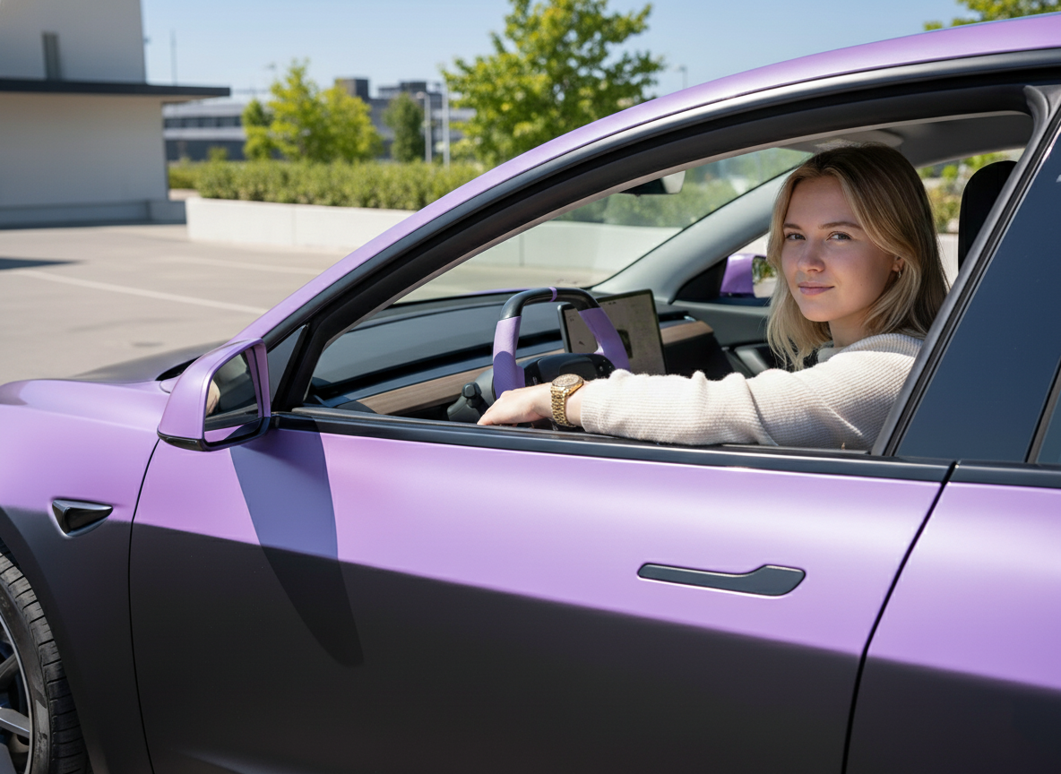 Light purple Leather Carbon Fiber Customize Tesla Model Y Juniper Steering Wheel - Super Enhancer (2025+) Axeco