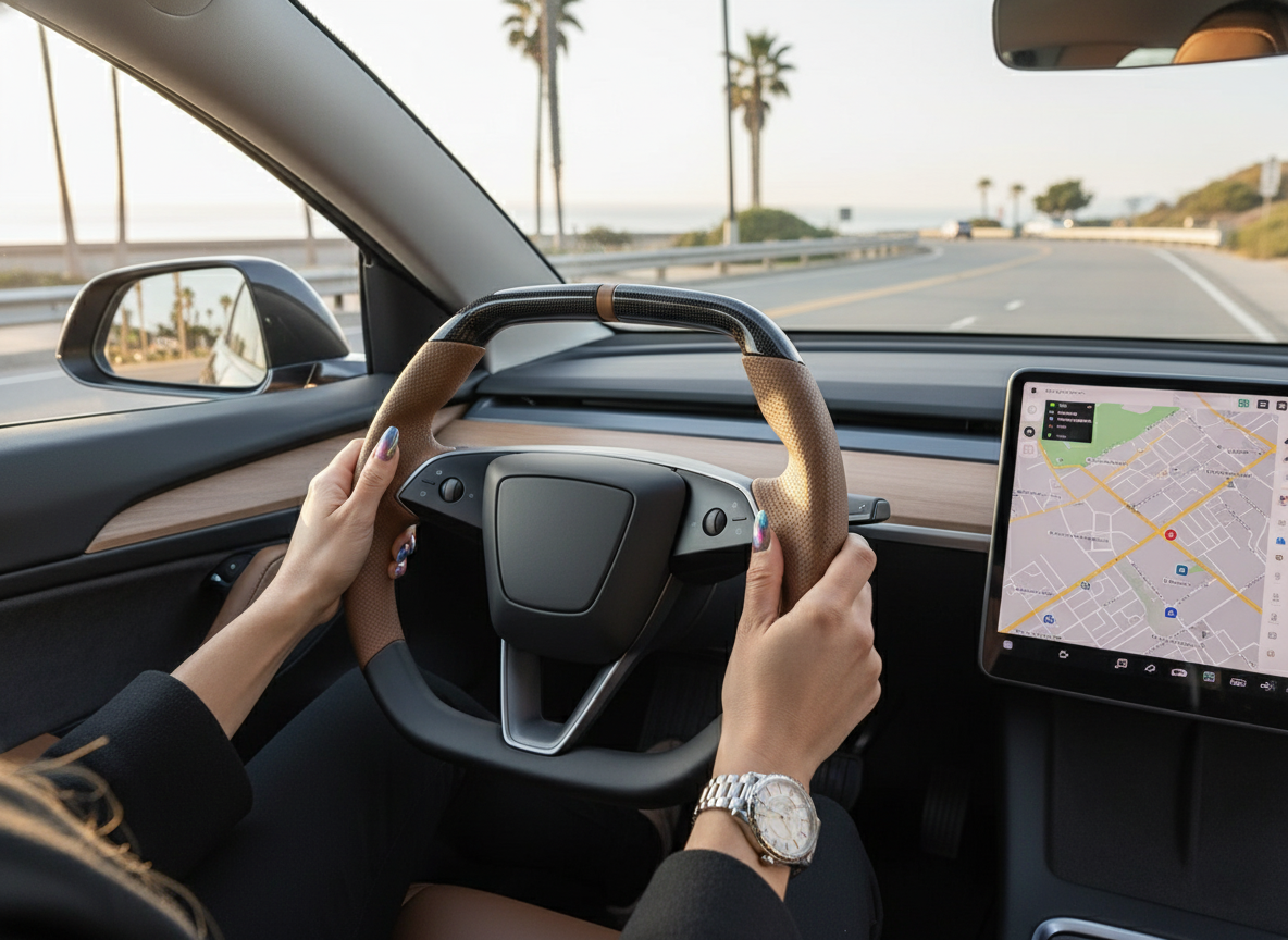 Brown Leather Carbon Fiber Customize Tesla Model Y Juniper Steering Wheel - Super Enhancer (2025+) Axeco