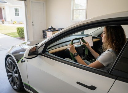 Forest Green Leather Carbon Fiber Customize Tesla Model Y Juniper Steering Wheel - Super Enhancer (2025+) Axeco