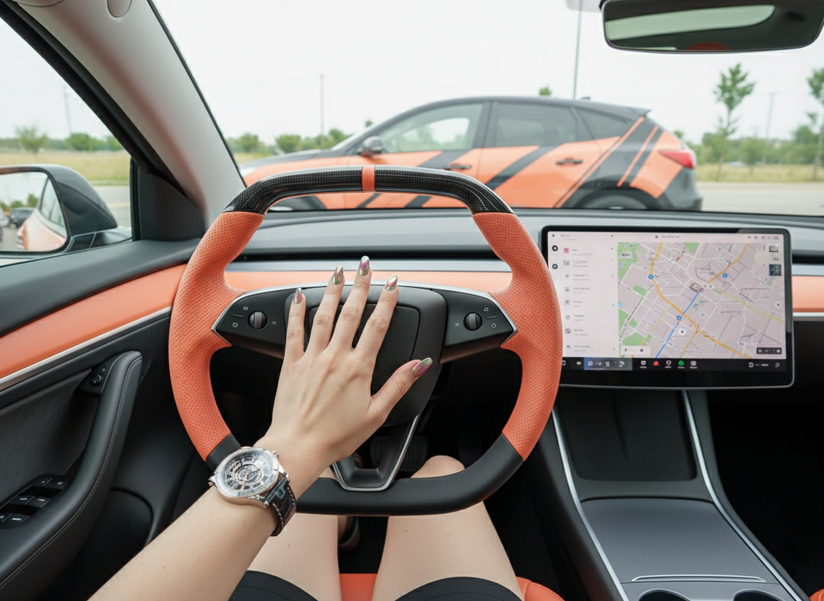Warm orange Leather Carbon Fiber Customize Tesla Model Y Juniper Steering Wheel - Super Enhancer (2025+) Axeco