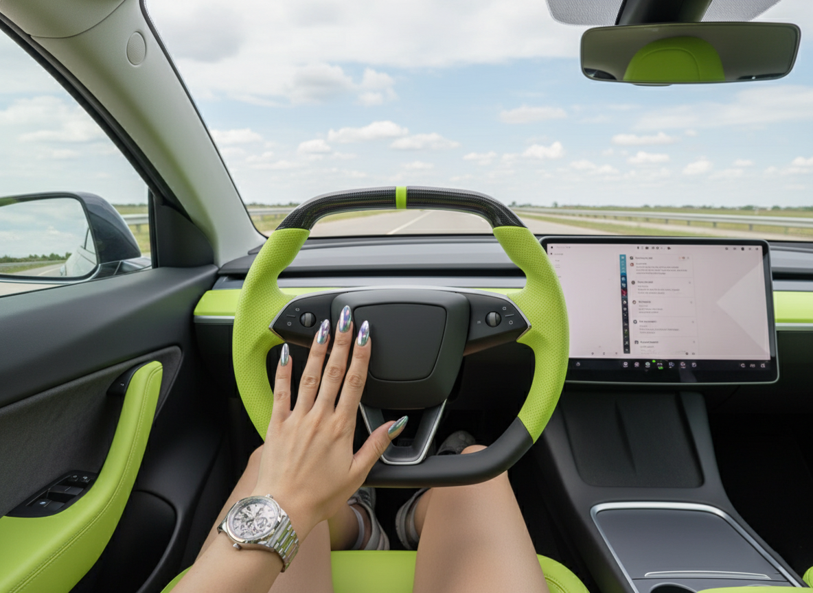 Fluorescent green Leather Carbon Fiber Customize Tesla Model Y Juniper Steering Wheel - Super Enhancer (2025+) Axeco