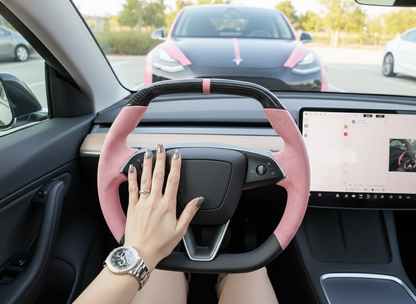 Pink Leather Carbon Fiber Customize Tesla Model Y Juniper Steering Wheel - Super Enhancer (2025+) Axeco